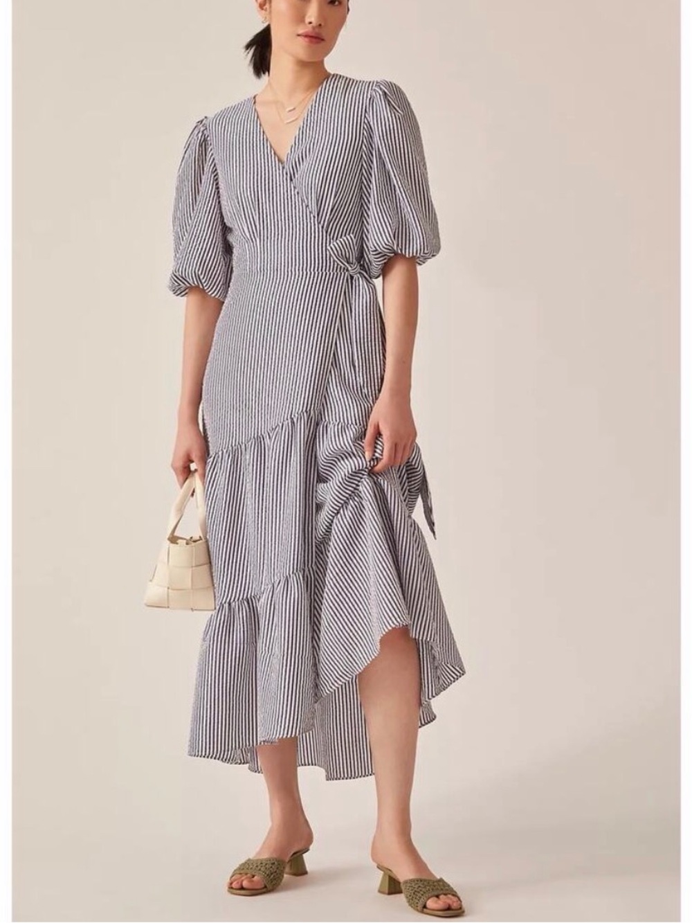 Hutch Anthropologie V-Neck Tiered Wrap Midi Dress Medium Petite Puff Sleeve